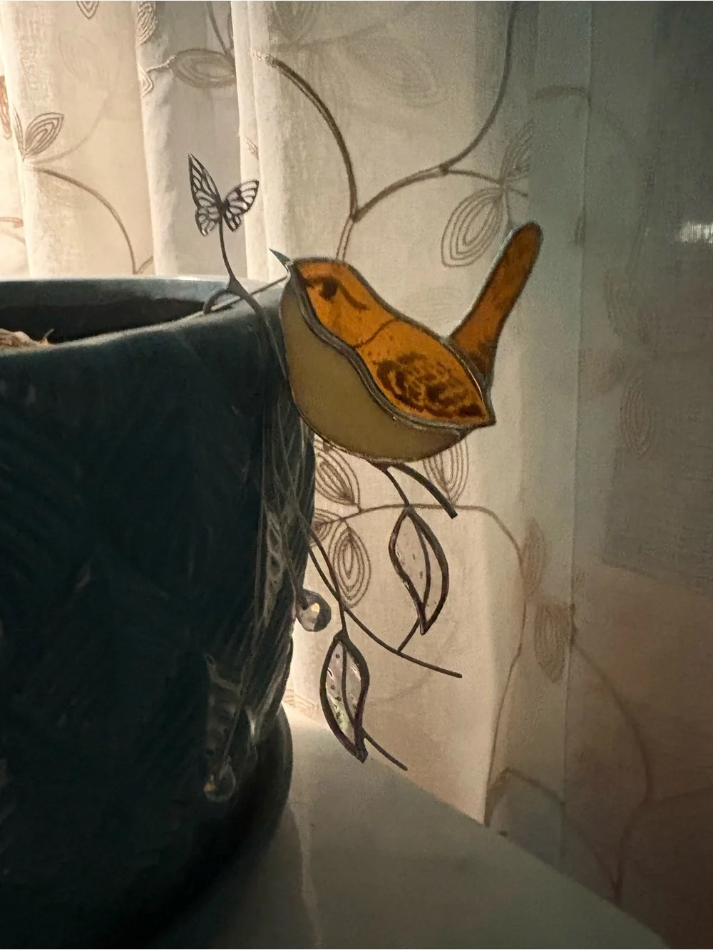Stained Glass Hanging Bird Ornament - Amber & Cream Robin